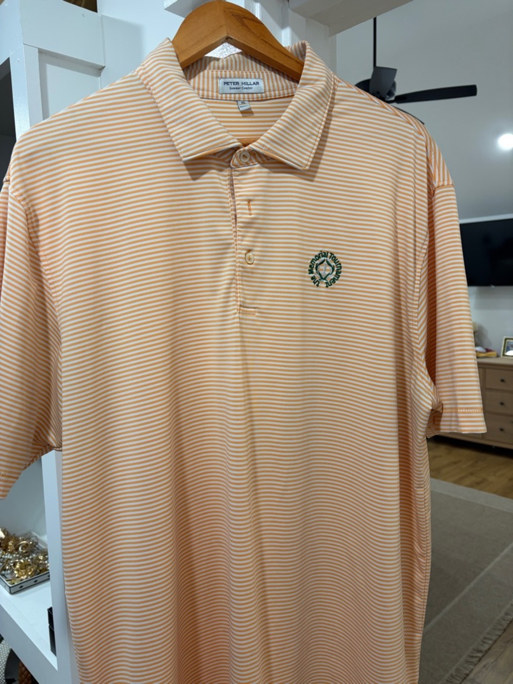 Peter Millar Peach and White Striped Golf Polo